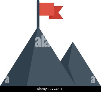 Red flag is waving at the summit of a mountain, representing the achievement of a challenging goal Stock Vector