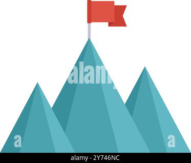 Red flag is waving on the highest peak of a mountain range, representing the achievement of a challenging goal Stock Vector