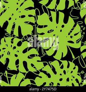 tropical leaves seamless black and green pattern, texture, background Stock Photo