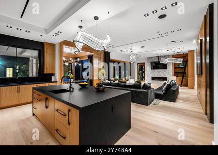 Modern kitchen with sleek cabinetry, black island countertop, and ...