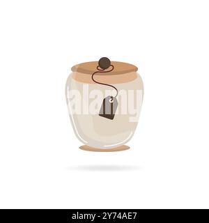 Ceramic jar with tag vector icon. Jar for loose materials. Ceramic containers for liquids. Caddy. Chinese vase vector. Container for storing things. Stock Vector