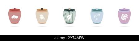 Urns with different signs on them. Japanese symbols on vases. Chinese vases. Jar for storage. Japanese style jars vector. Stock Vector
