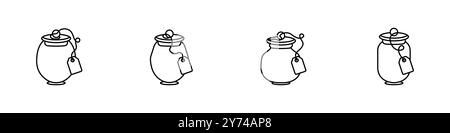 Set of jars vector icons. Set of magic jars with tags. Urns outline vector. Simple jars set. A jar with a lid and a sticker on a thread. Vector Stock Vector
