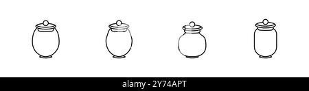 Set of jars vector icons. Set of magic jars with tags. Urns outline vector. Simple jars set. A jar with a lid and a sticker on a thread. Vector Stock Vector