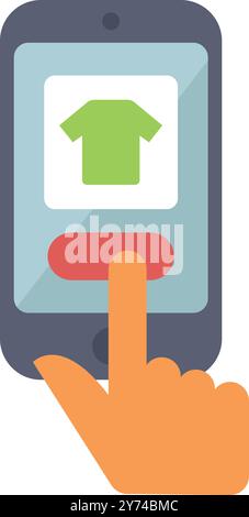 Hand using smartphone for online shopping, pressing buy button on a clothes item Stock Vector