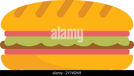 Simple flat vector illustration of a submarine sandwich with meat, vegetables and sauce, lying on its side Stock Vector