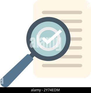 Magnifying glass is hovering over a document, validating its content with a check mark symbol Stock Vector
