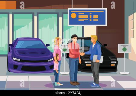 A vector illustration of Car Salesman Talking with Customers Stock Vector