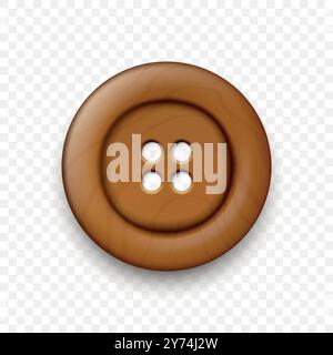 Vector Brown Color Wooden Two Holes Clothes Button Closeup, Isolated on White Background with Reflection. Round Button, Front View Stock Vector