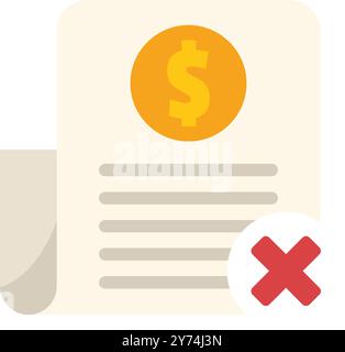 Stylized vector illustration of a document with a dollar sign being denied by a red cross mark Stock Vector