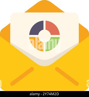 Open yellow envelope containing a business report with a pie chart, illustrating sending business data Stock Vector
