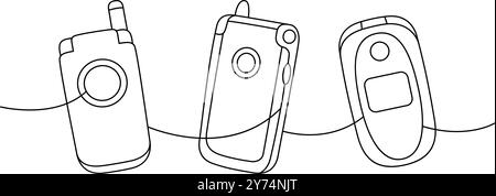 Mobile flip phone set one line continuous drawing. Old communication gadgets. Vector linear illustration. Stock Vector