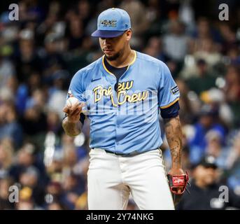 Milwaukee, United States. 27th Sep, 2024. Milwaukee Brewers starting pitcher Frankie Montas looks at the ball after walking New York Mets shortstop Francisco Lindor in the first inning of the MLB game between the New York Mets and the Milwaukee Brewers at American Family Field in Milwaukee, WI on Friday, Sept. 27, 2024. Photo by Tannen Maury/UPI. Credit: UPI/Alamy Live News Stock Photo