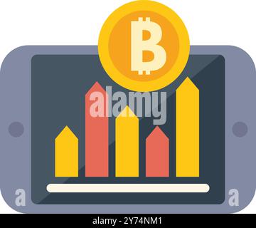Bitcoin cryptocurrency coin is increasing in value on a smartphone chart Stock Vector
