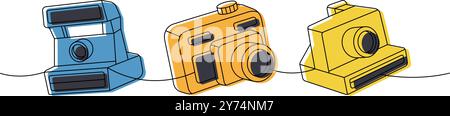Instant camera, polaroid camera one line colored continuous drawing. Professional photo equipment. Vector linear illustration. Stock Vector