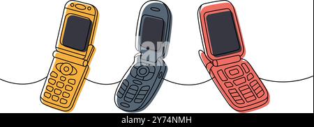 Set of mobile flip phones one line colored continuous drawing. Old communication gadgets. Vector linear illustration. Stock Vector
