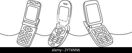 Set of mobile flip phones one line continuous drawing. Old communication gadgets. Vector linear illustration. Stock Vector