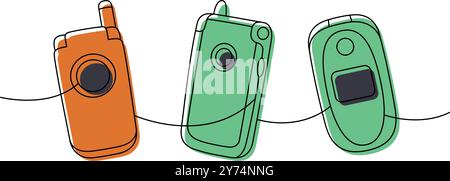 Mobile flip phone set one line colored continuous drawing. Old communication gadgets. Vector linear illustration. Stock Vector
