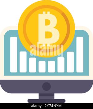 Golden bitcoin is hovering over a computer screen displaying a growing chart Stock Vector