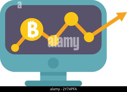 Desktop computer displaying a chart showing the raising value of bitcoin cryptocurrency Stock Vector