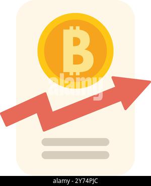 Red arrow showing increasing value of bitcoin cryptocurrency on a mobile phone app for trading Stock Vector