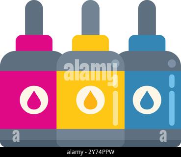 Three bottles filled with colored ink are representing the colors cyan, magenta, yellow and black used in printing Stock Vector