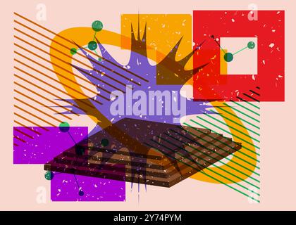 Colorful geometric shapes. Object in trendy riso graph design. Geometry elements abstract risograph print texture style. Stock Vector