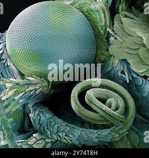 Moth eye and proboscis. Coloured scanning electron micrograph (SEM) of the head and mouthparts of a moth. The compound eye is large and the head is covered with scales. The spiral-shaped sucking proboscis (bottom right) is a distinctive characteristic of butterflies and moths and is used to suck the nectar of flowers and other fluids. At rest it is rolled into a spiral and carried between the two labial palps that point upwards to either side. It is extended to take in food by means of muscular action and increased blood pressure. Magnification: x15 when printed 10 centimetres wide. Stock Photo