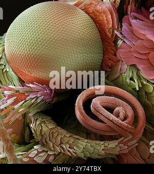 Moth eye and proboscis. Coloured scanning electron micrograph (SEM) of the head and mouthparts of a moth. The compound eye is large and the head is covered with scales. The spiral-shaped sucking proboscis (bottom right) is a distinctive characteristic of butterflies and moths and is used to suck the nectar of flowers and other fluids. At rest it is rolled into a spiral and carried between the two labial palps that point upwards to either side. It is extended to take in food by means of muscular action and increased blood pressure. Magnification: x15 when printed 10 centimetres wide. Stock Photo