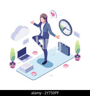 Isometric Businesswoman Balancing Work and Life with Meditation and Mindfulness Activities. Work Life Balance and Mindfulness Concept Stock Vector