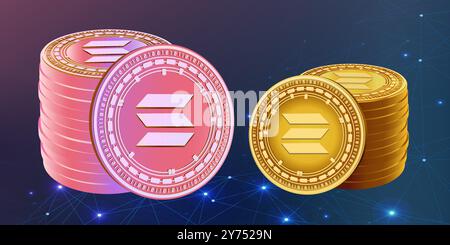 3D vector illustration of Solana cryptocurrency coins in perspective view. Dynamic SOL coin concept for banners, showcasing modern crypto design. Stock Vector