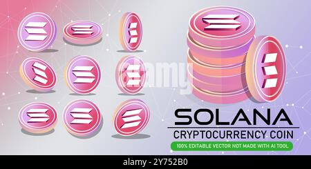 Solana Cryptocurrency Coin Vector Illustration Set.Editable multiple Solana cryptocurrency coin designs, perfect for blockchain and digital currency. Stock Vector