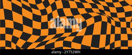 Halloween checkered pattern. Psychedelic black and orange wallpaper. Groovy background. Retro vector illustration in Y2k style Stock Vector