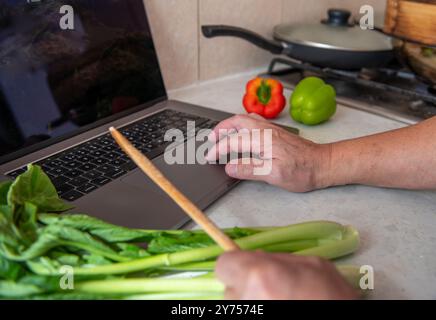 A person using a laptop computer in the kitchen to help with cooking by following an online recipe. A technology use concept. Stock Photo