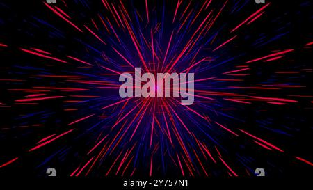 abstract explosion of red and blue light streaks radiates from the center against a dark background. Super high speed luminous neon energy Stock Vector