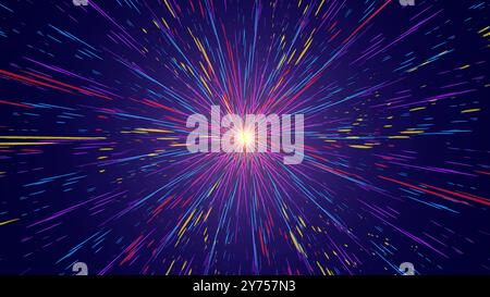 Abstract cosmic explossion. Speed of light in outerspace of galaxy. Hyperjump in space. Multicolored glowing neon rays of universe. Stock Vector