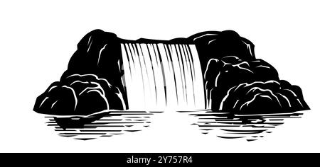 Small waterfall. Water and stream. Beautiful landscape. river falls from rocks. Stone and mountains. Image of black silhouette isolated on white Stock Vector
