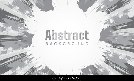 A monochromatic abstract explosion with varying shades of gray radiates from a bright white center. The brushstroke-like texture and grayscale palette Stock Vector