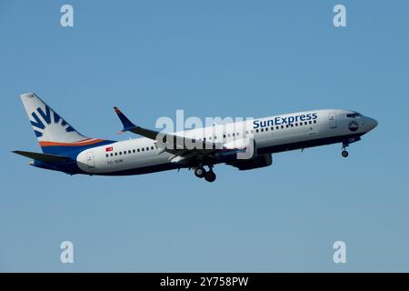 SunExpress Boeing 737-8 MAX Plane Aircraft Airplane Aeroplane Jetliner Passenger Jet Airliner Air Landing Approach Approaching For Flying Flight Stock Photo