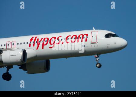 Airline Airlines Operated Pegasus Airlines flypgs Commercial Plane Aircraft Airplane Aeroplane Jetliner Passenger Jet Airliner nose Stock Photo