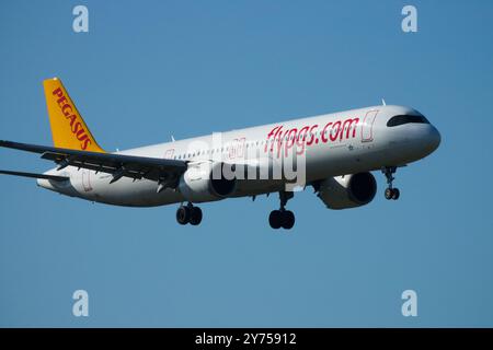 Aviation Company Pegasus Airlines Airbus A321 Neo Plane Landing Approach Approaching For Flying Flight Approaches Aircraft Airplane Aeroplane Berlin Stock Photo