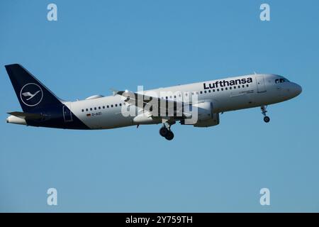 Airbus A320-200 Lufthansa aircraft approaching Berlin and preparing for a landing Germany Lufthansa Berlin Stock Photo