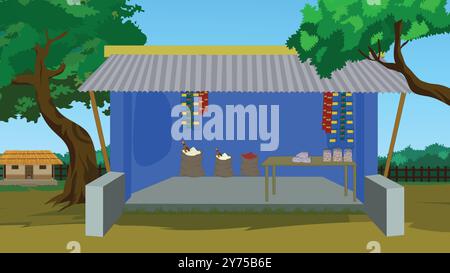 Asian rural food store vector illustration in a rural vollage road with vig trees,bushes,houses,and a wooden fench Stock Vector