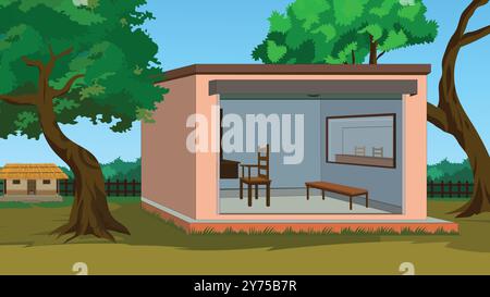 Indian village small saloon vector illustration for cartoon. Village saloon landscape design. Indian village road background Stock Vector
