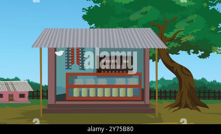 village grocery store. Asian rural village background design with a small store beside a road inder a big tree Stock Vector