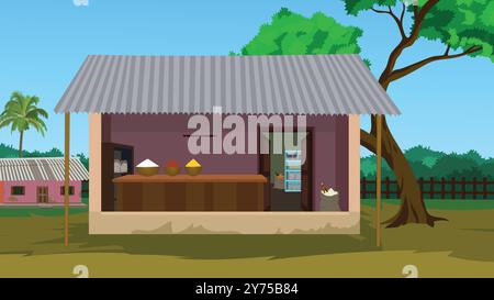 Indian village grocery store background. Indian rural village road. Asian food shop landscape Stock Vector