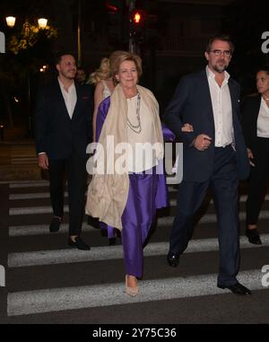 Athens, Greece. 27 September 2024. Former Queen Anne-Marie of Greece accompanied by her son Prince Nikolaos of Greece  attend the pre-wedding dinner party of Princess Theodora of Greece to Matthew Kumar at The Byzantine and Christian Museum. Credit: Dimitris Aspiotis/Alamy Live News Stock Photo