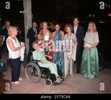 Athens, Greece. 27 September 2024. Former Queen Sofia of Spain, her granddaughter Leonor, Princess of Asturias,  Princess Irene of Greece in a wheelchair and guests attend the pre-wedding dinner party of Princess Theodora of Greece to Matthew Kumar at The Byzantine and Christian Museum. Credit: Dimitris Aspiotis/Alamy Live News Stock Photo