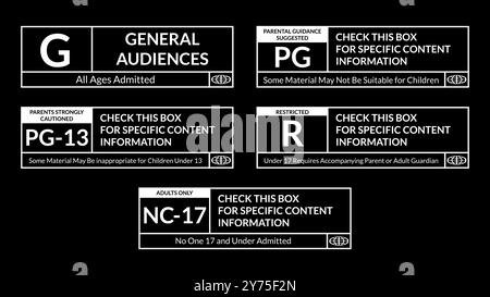 Film rating system label inverted color sticker set, black and white ...