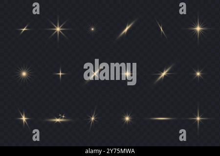 Glare stars set on black. Light flashes. Vector transparent elements with glow effect Stock Vector